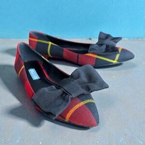 Prada Black & Red Tartan Ballerina  Bow Women Flat Shoes size 38